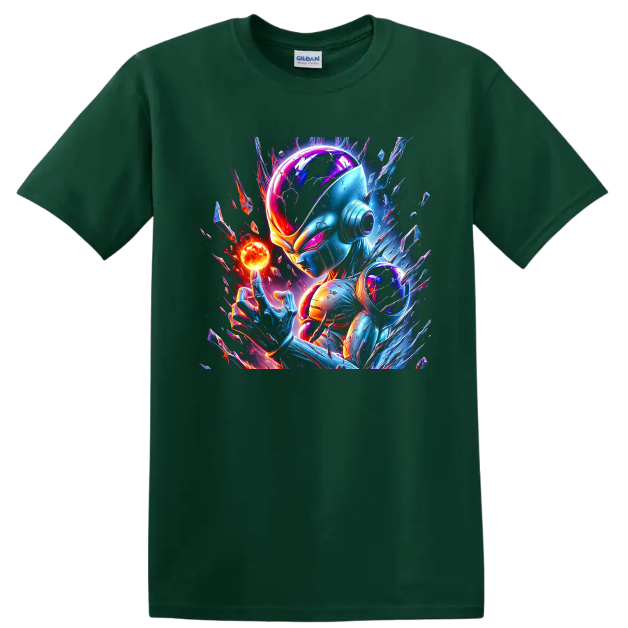 Frieza Dragon Ball cyberpunk art with glowing energy orb and cosmic crystal shards on a Forest Green T Shirt