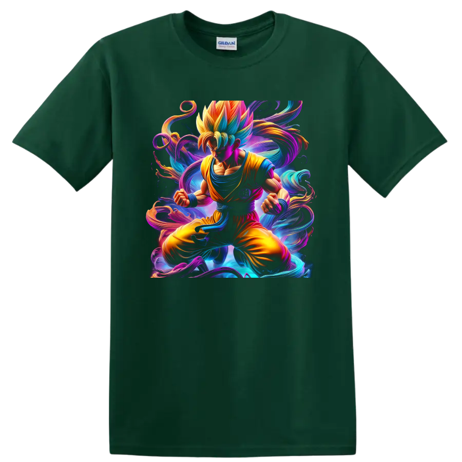 Goku Super Saiyan anime artwork with swirling neon energy and cosmic background on a Forest Green T Shirt