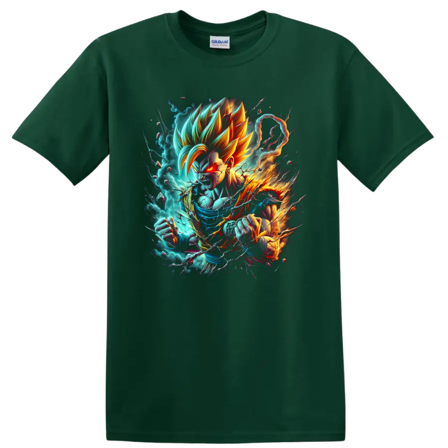 Goku Ultra Instinct anime fighter with turquoise energy aura and fiery action effects on a Forest Green T Shirt