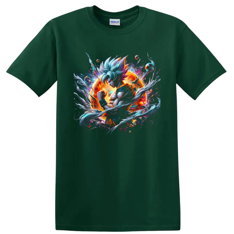 Goku Ultra Instinct cosmic anime warrior graphic with orange energy and swirling effects on a Forest Green T Shirt