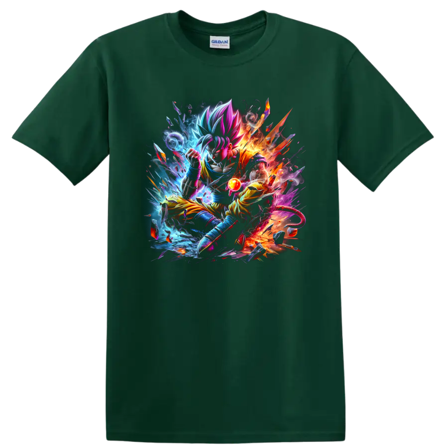 Goku Ultra Instinct in explosive blue and orange anime battle art with energy orb on a Forest Green T Shirt