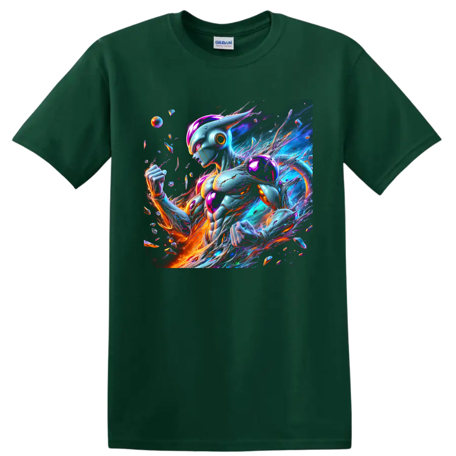 Metal Cooler cybernetic warrior in vivid cosmic neon anime art on a Forest Green T Shirt