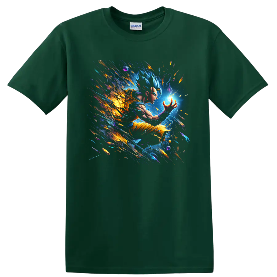 Goku Ultra Instinct cosmic energy graphic with glowing power sphere and lightning on a Forest Green T Shirt