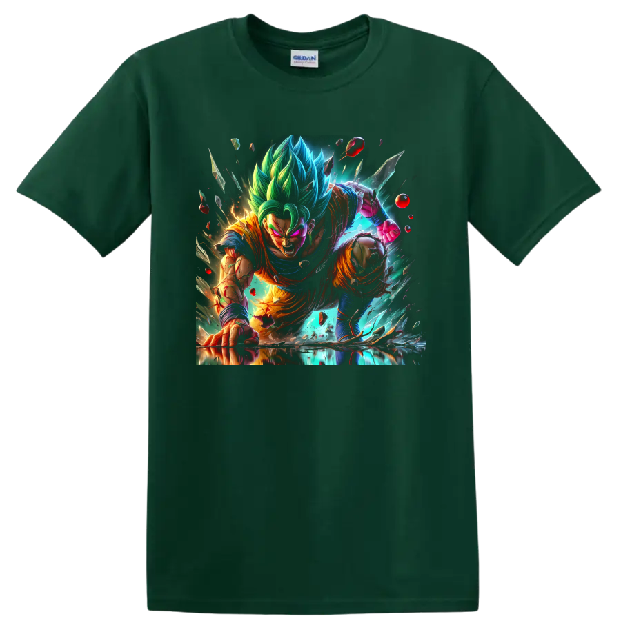 Vegito Blue charging through an explosive anime battle with shattered energy fragments on a Forest Green T Shirt