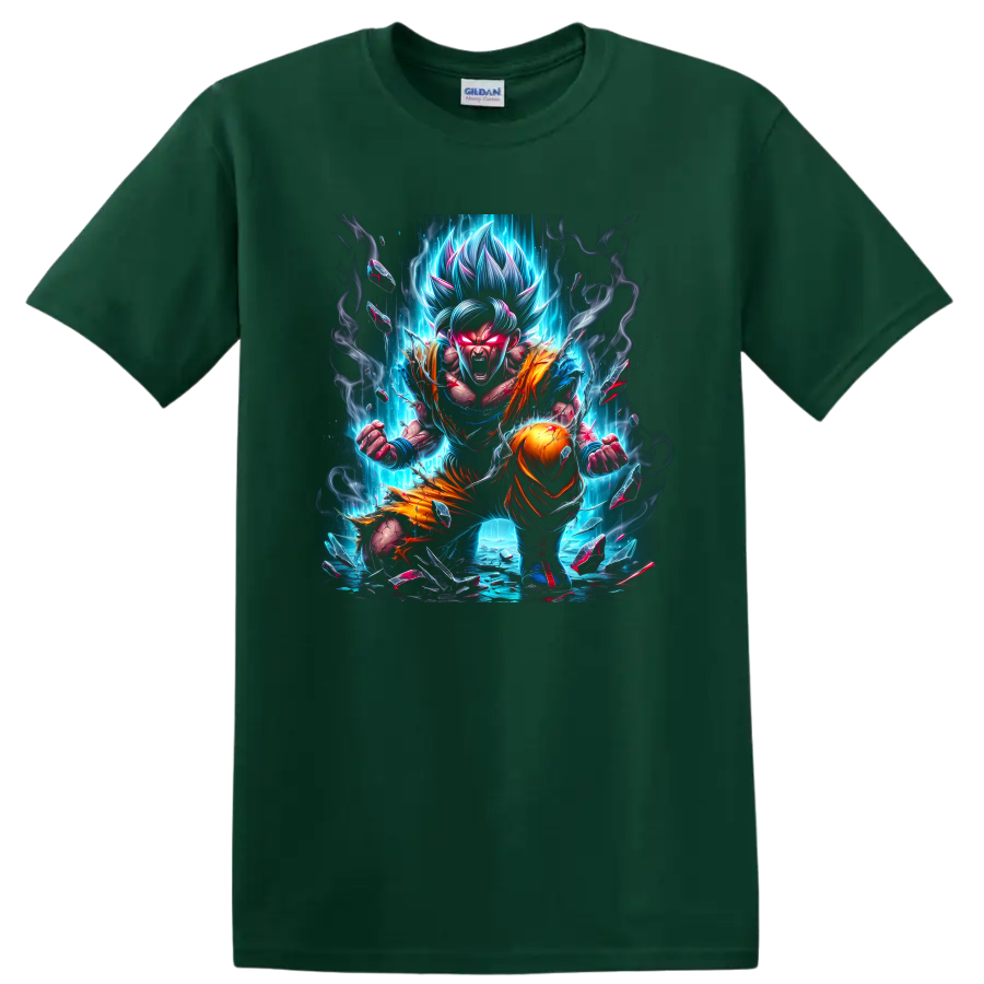 Goku Ultra Instinct anime fighter with blue energy aura and orange battle outfit on a Forest Green T Shirt