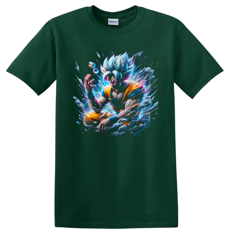 Goku Ultra Instinct anime warrior graphic with silver hair and cosmic energy on a Forest Green T Shirt