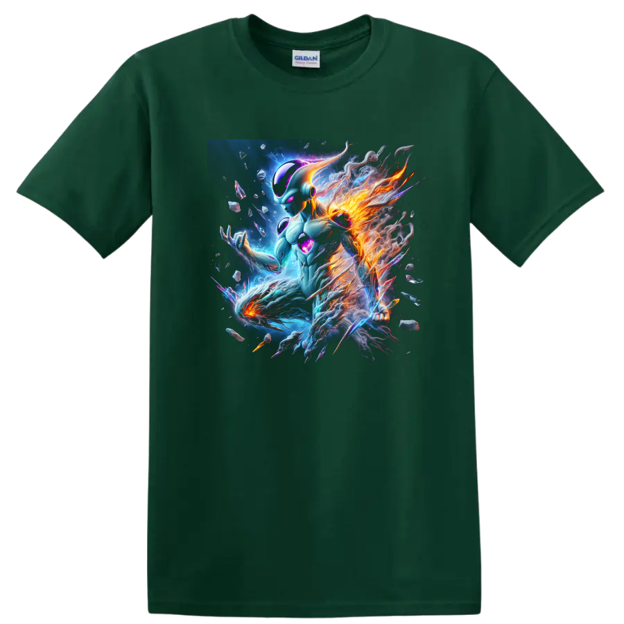 Frieza cosmic anime warrior with blue energy and fiery orange flames on a Forest Green T Shirt