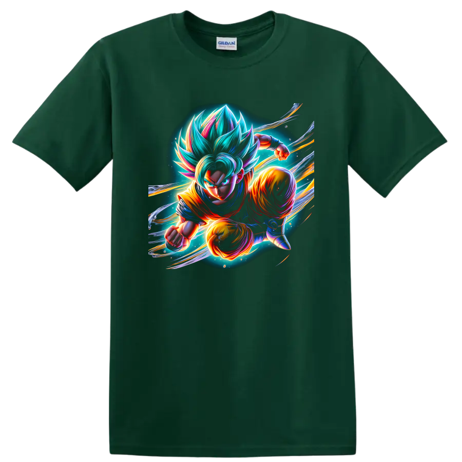 Goku Super Saiyan Blue cosmic anime action graphic with glowing energy trails on a Forest Green T Shirt