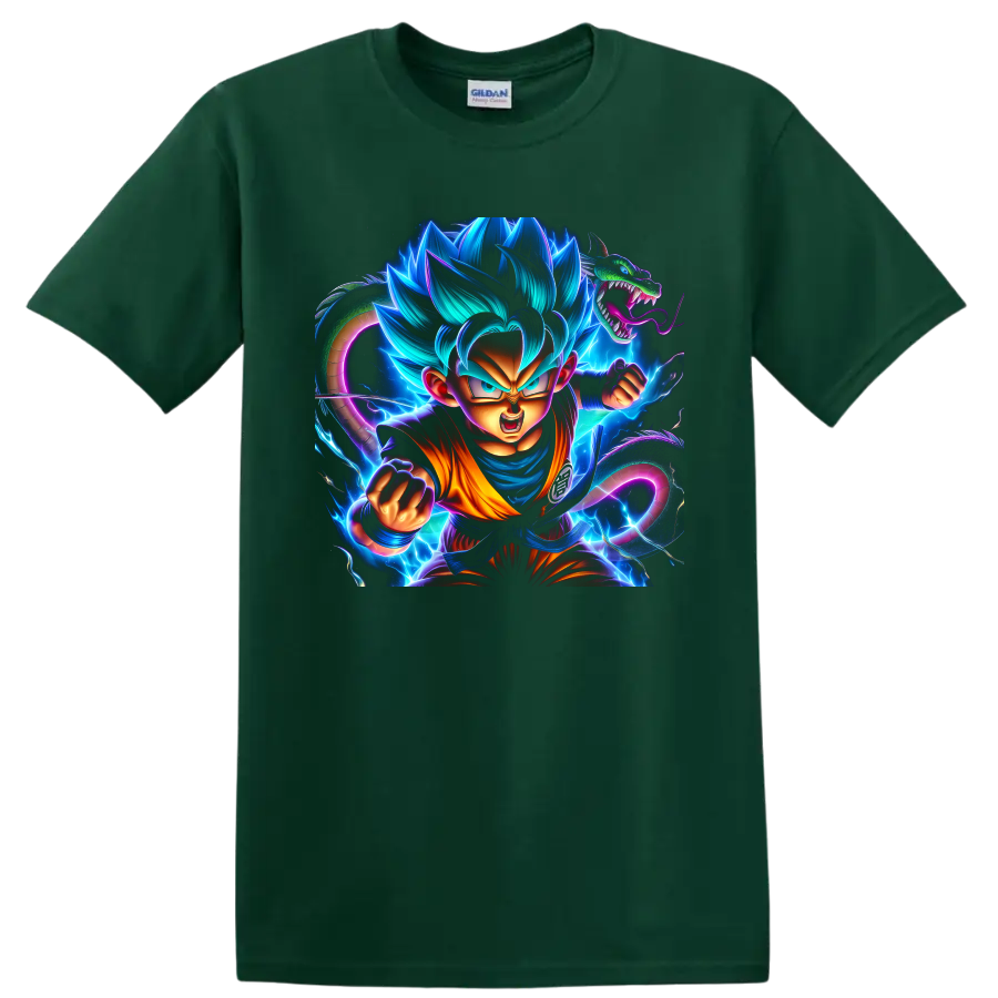 Goku Super Saiyan Blue and Shenron in electric Dragon Ball Super action art on a Forest Green T Shirt