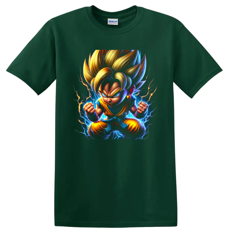 Super Saiyan Goku Dragon Ball Daima style anime fighter with lightning aura on a Forest Green T Shirt