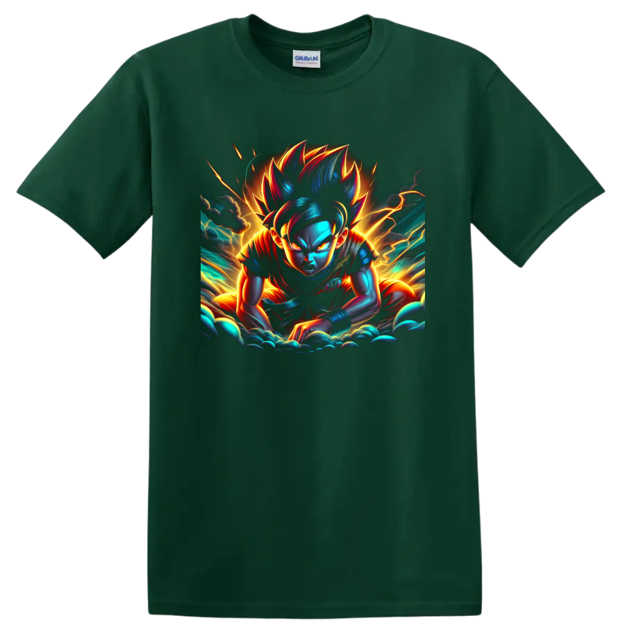Goku Ultra Instinct anime warrior graphic with neon lightning and storm clouds on a Forest Green T Shirt