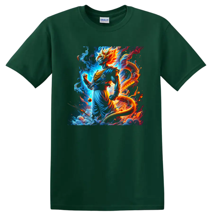 Goku Ultra Instinct anime warrior with cosmic dragon and glowing energy art on a Forest Green T Shirt