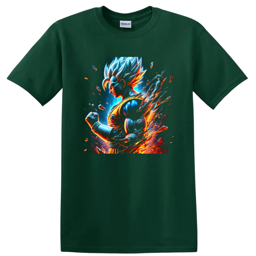 Goku Ultra Instinct cosmic anime warrior graphic with blue energy and fiery trails on a Forest Green T Shirt
