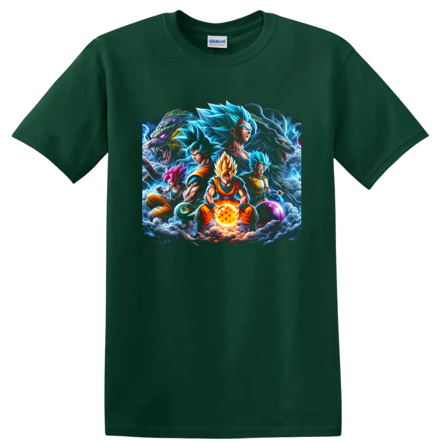 Goku and Vegeta Dragon Ball battle graphic with dragons, lightning, and Dragon Balls on a Forest Green T Shirt