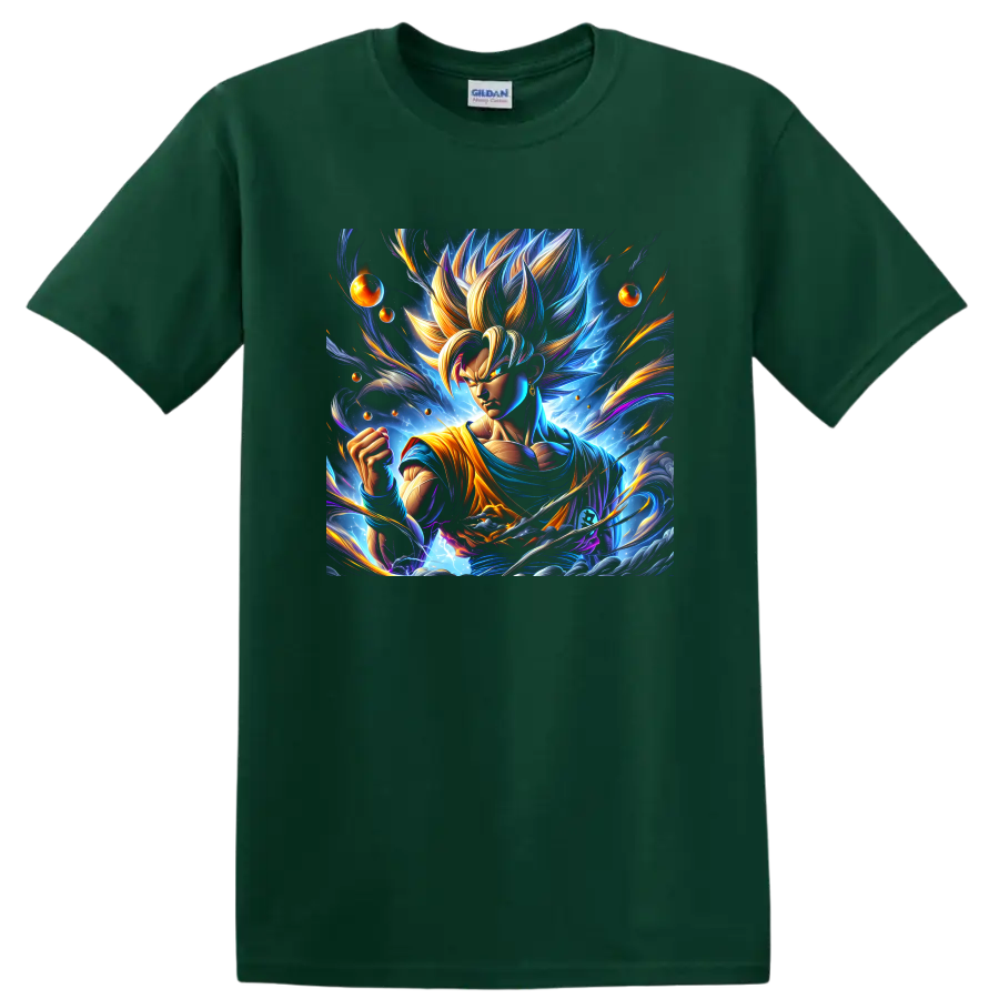 Goku Ultra Instinct-inspired cosmic anime fighter graphic with glowing energy trails on a Forest Green T Shirt