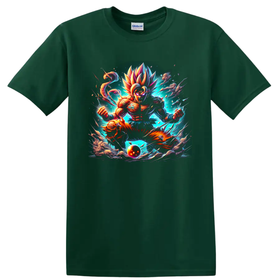 Goku cosmic battle artwork with multicolored spiked hair and glowing energy on a Forest Green T Shirt