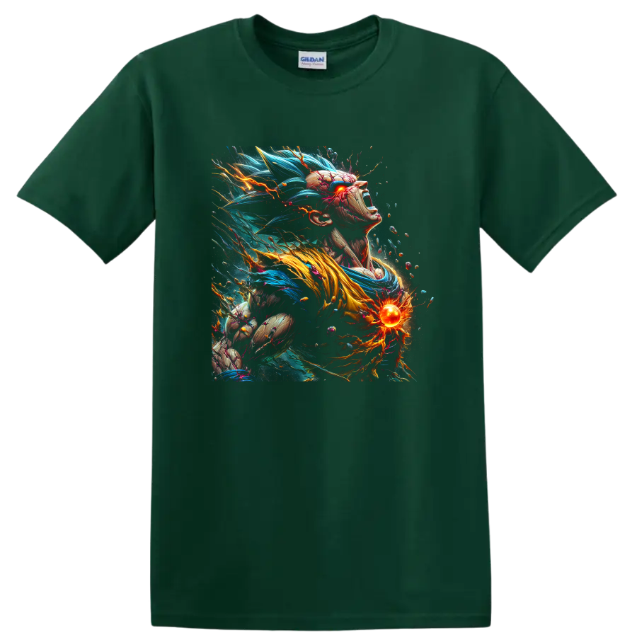 Goku Ultra Instinct anime warrior with blue energy hair and glowing power orb on a Forest Green T Shirt