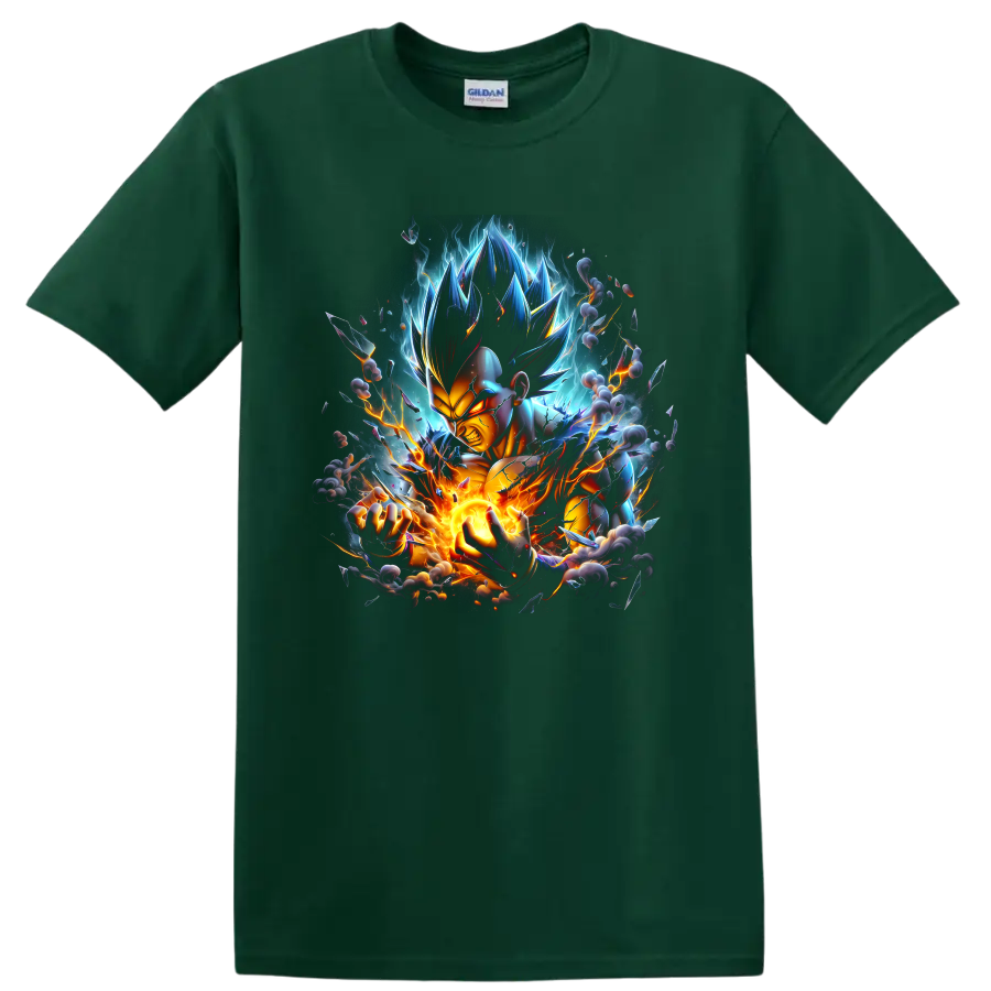Vegeta Ultra Ego anime fighter with glowing energy blast, lightning, and cosmic aura on a Forest Green T Shirt