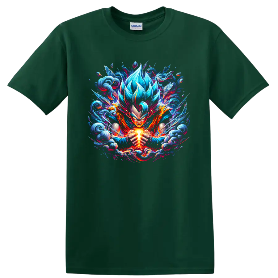 Goku Super Saiyan Blue anime warrior charging a glowing energy burst on a Forest Green T Shirt