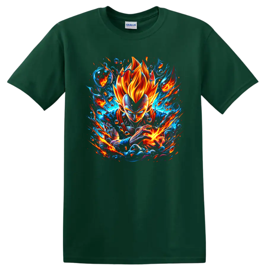 Vegeta Super Saiyan God anime graphic with fiery energy and explosive action effects on a Forest Green T Shirt