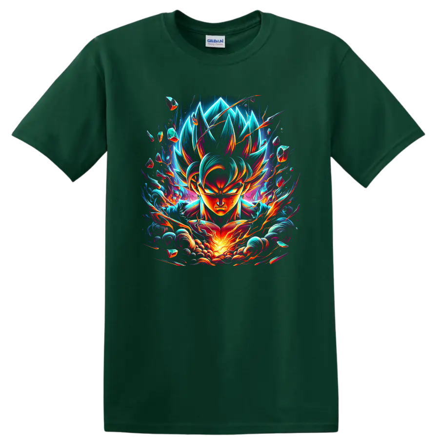 Goku Ultra Instinct neon anime warrior graphic with swirling energy and crystal fragments on a Forest Green T Shirt