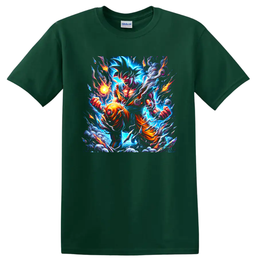 Goku Mastered Ultra Instinct anime battle art with electric aura and flames on a Forest Green T Shirt