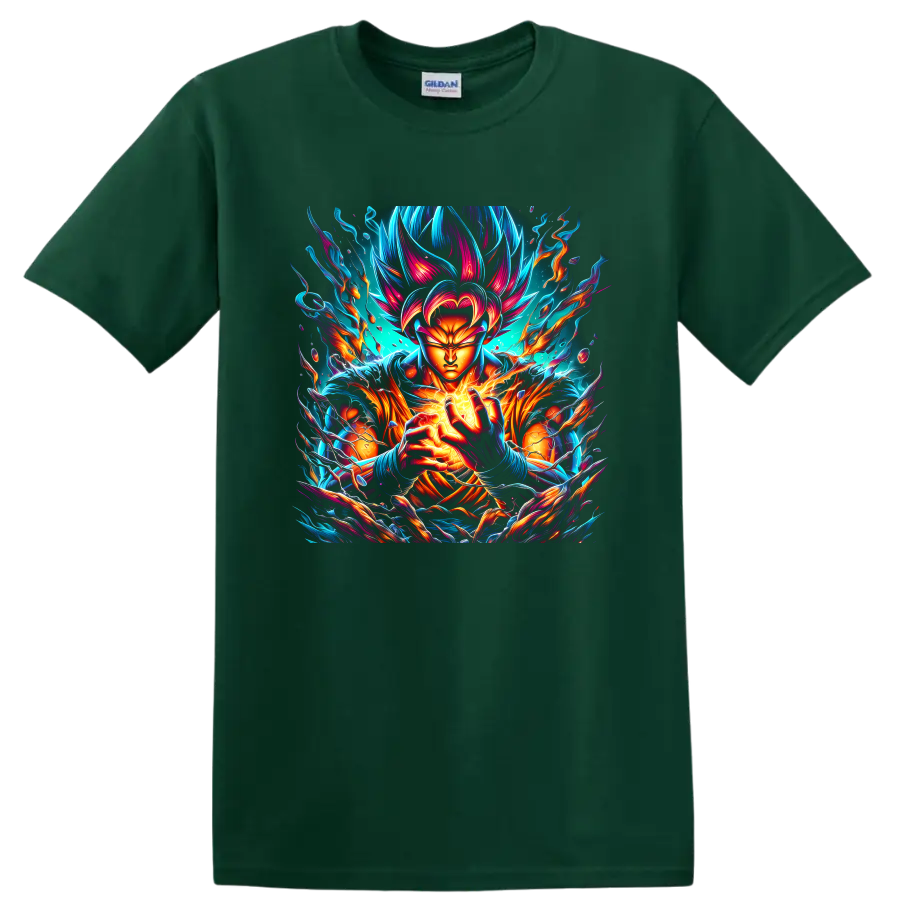 Goku Ultra Instinct-inspired neon energy warrior graphic print on a Forest Green T Shirt