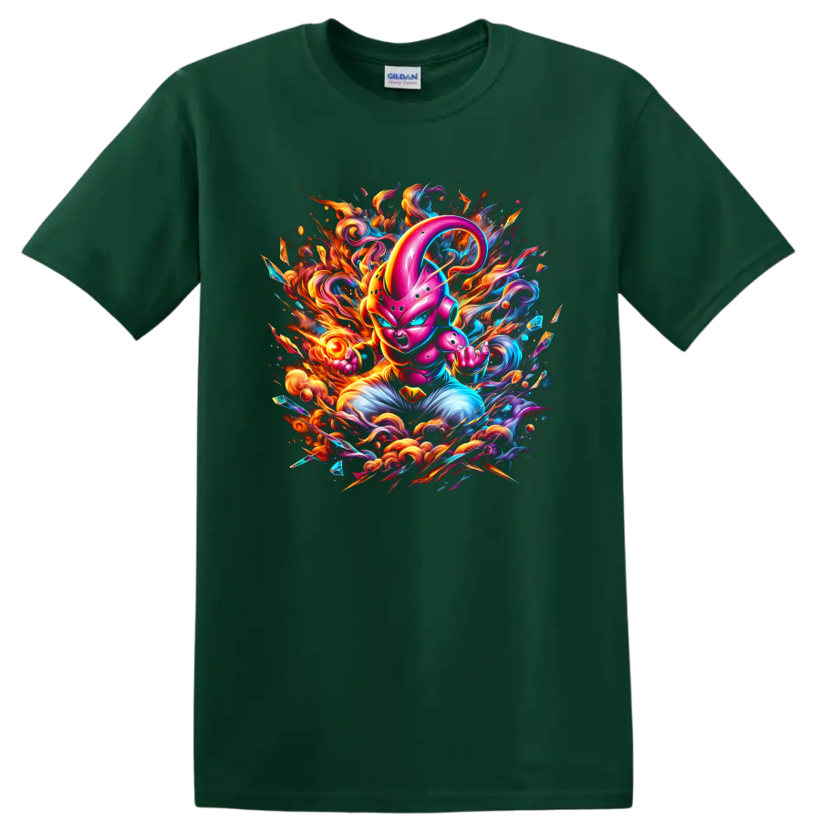 Majin Buu neon battle art with fiery energy swirls and crystal shards on a Forest Green T Shirt