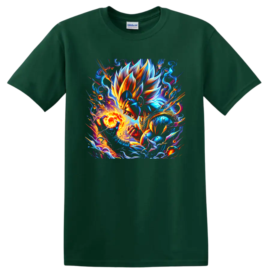 Vegeta anime warrior with blazing energy orb, electric blue flames, and cosmic swirls on a Forest Green T Shirt