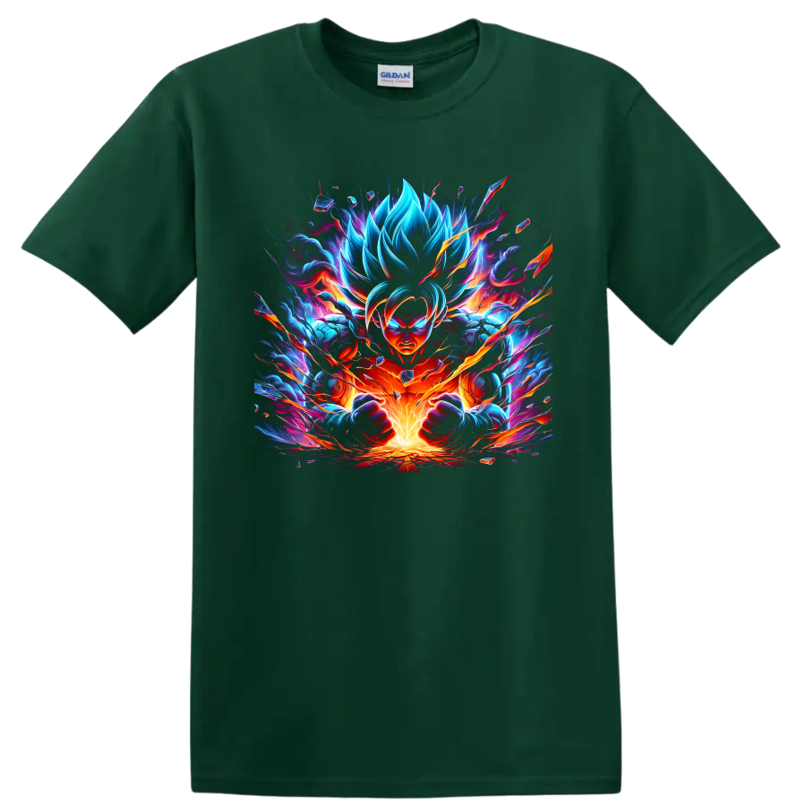 Goku Ultra Instinct with neon blue flames and orange energy burst digital art on a Forest Green T Shirt