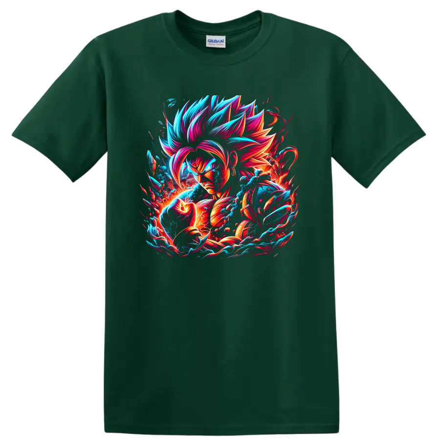 Goku Super Saiyan Blue neon anime warrior graphic with swirling energy on a Forest Green T Shirt
