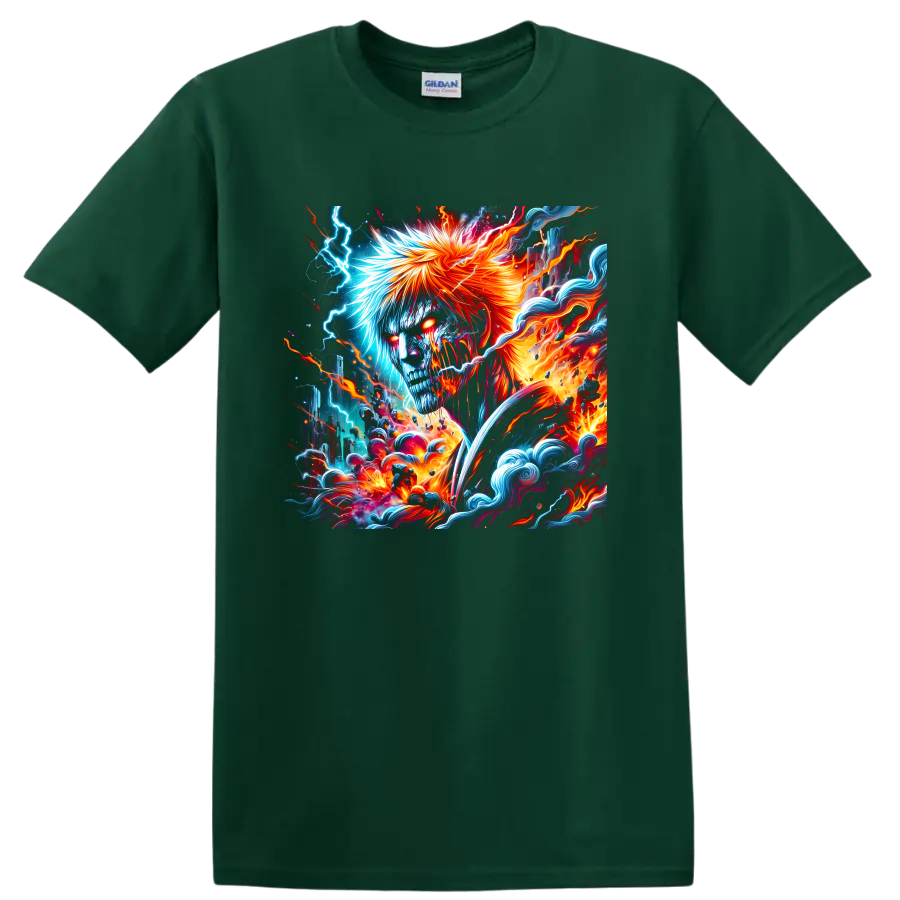 Ichigo Kurosaki fantasy warrior illustration with blue lightning, orange fire, and waves on a Forest Green T Shirt