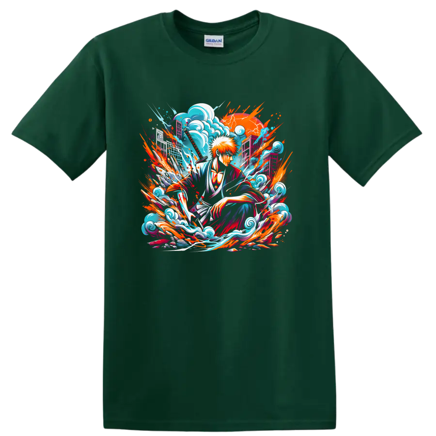 Ichigo Kurosaki with katana, turquoise waves, and orange anime action art on a Forest Green T Shirt