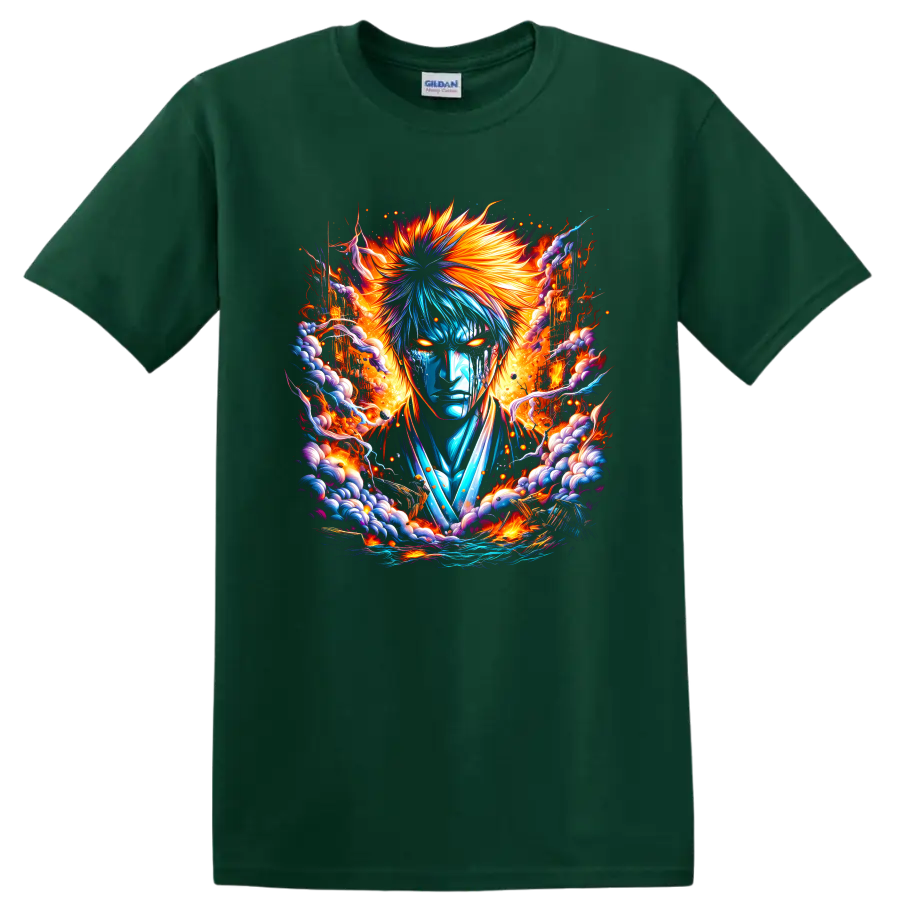 Ichigo Kurosaki fiery blue and orange fantasy warrior graphic print on a Forest Green T Shirt