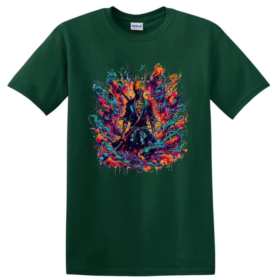 Ichigo Kurosaki neon fantasy warrior graphic with fiery energy and teal waves on a Forest Green T Shirt