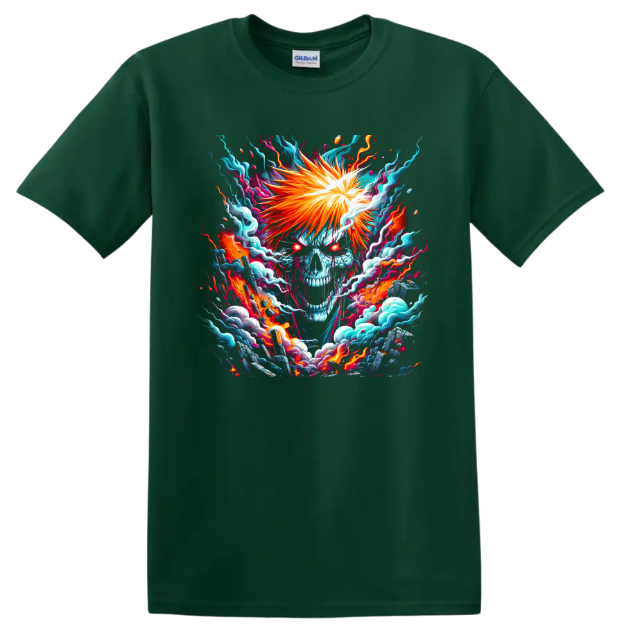 Ichigo Kurosaki Hollow-inspired skull visage with fiery anime energy art on a Forest Green T Shirt