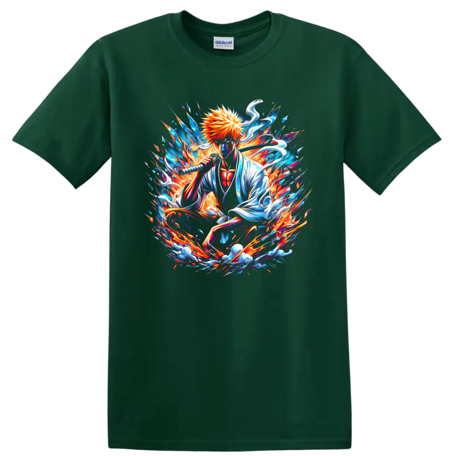 Ichigo Kurosaki sword-wielding anime art with explosive blue and orange energy on a Forest Green T Shirt