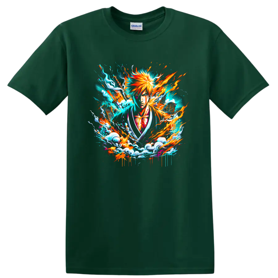 Ichigo Kurosaki anime graphic with fiery energy bursts and stylized turquoise waves on a Forest Green T Shirt