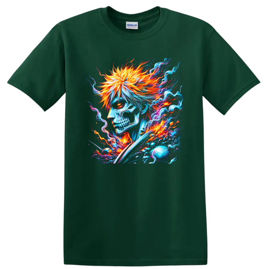 Ichigo Kurosaki skull warrior with flaming hair, sword, and neon energy on a Forest Green T Shirt