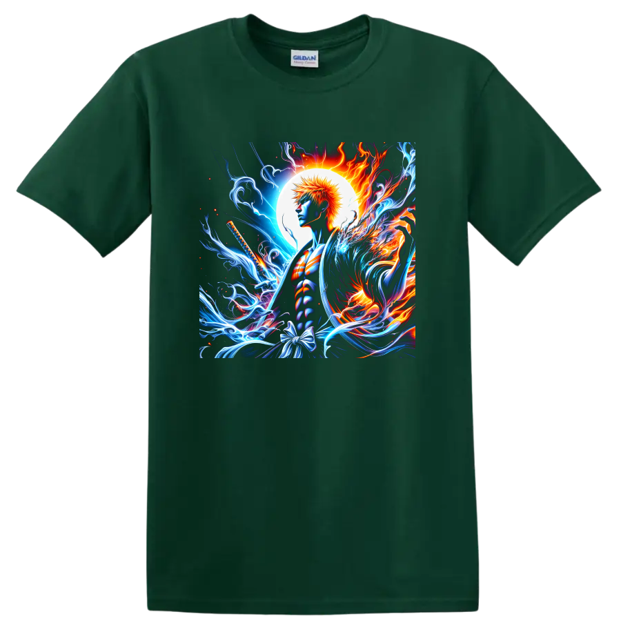 Ichigo Kurosaki anime art with a sword, glowing moon, blue energy and fire on a Forest Green T Shirt