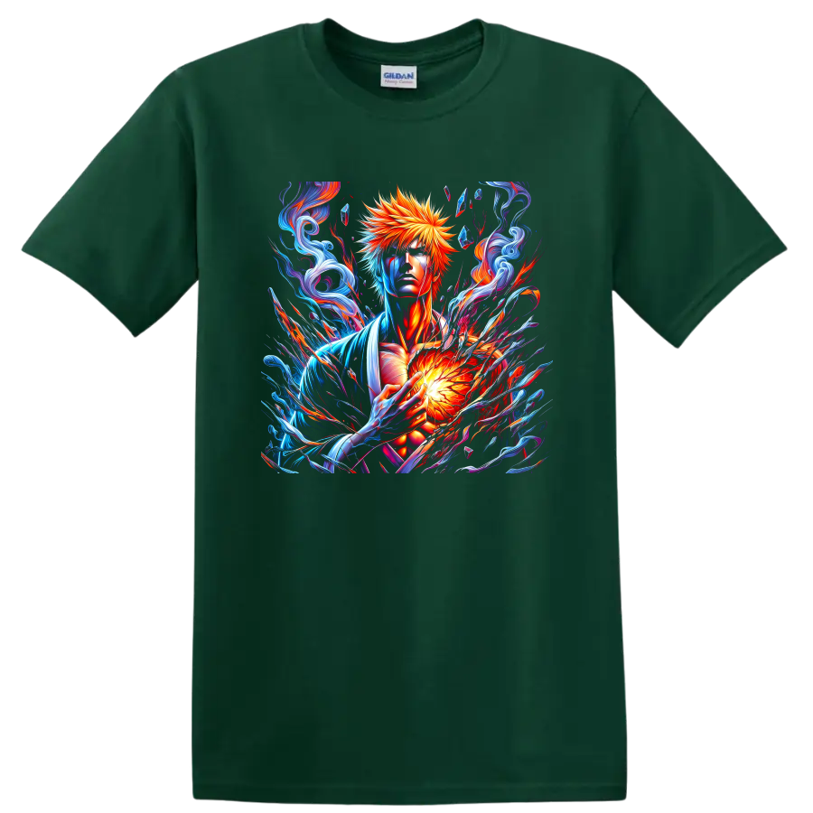 Ichigo Kurosaki fiery energy fantasy art with swirling blue and red effects on a Forest Green T Shirt