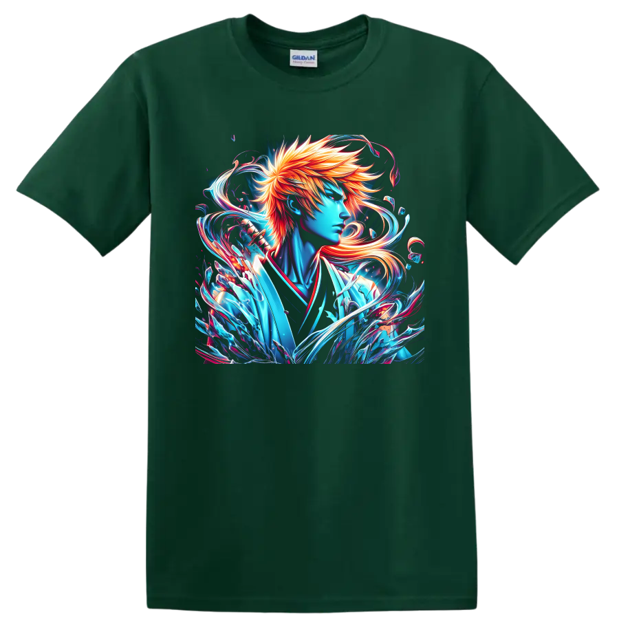 Ichigo Kurosaki neon anime portrait with fiery hair and swirling energy on a Forest Green T Shirt