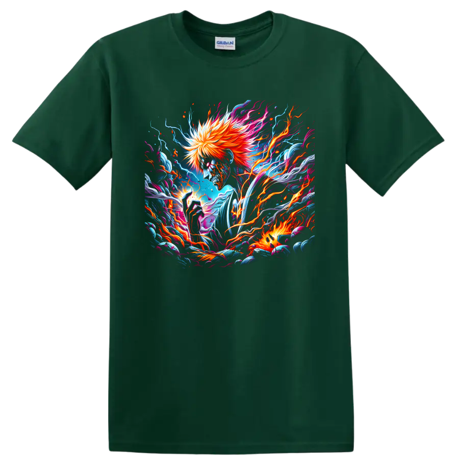Ichigo Kurosaki skull-like portrait with fiery hair and neon electric anime art on a Forest Green T Shirt