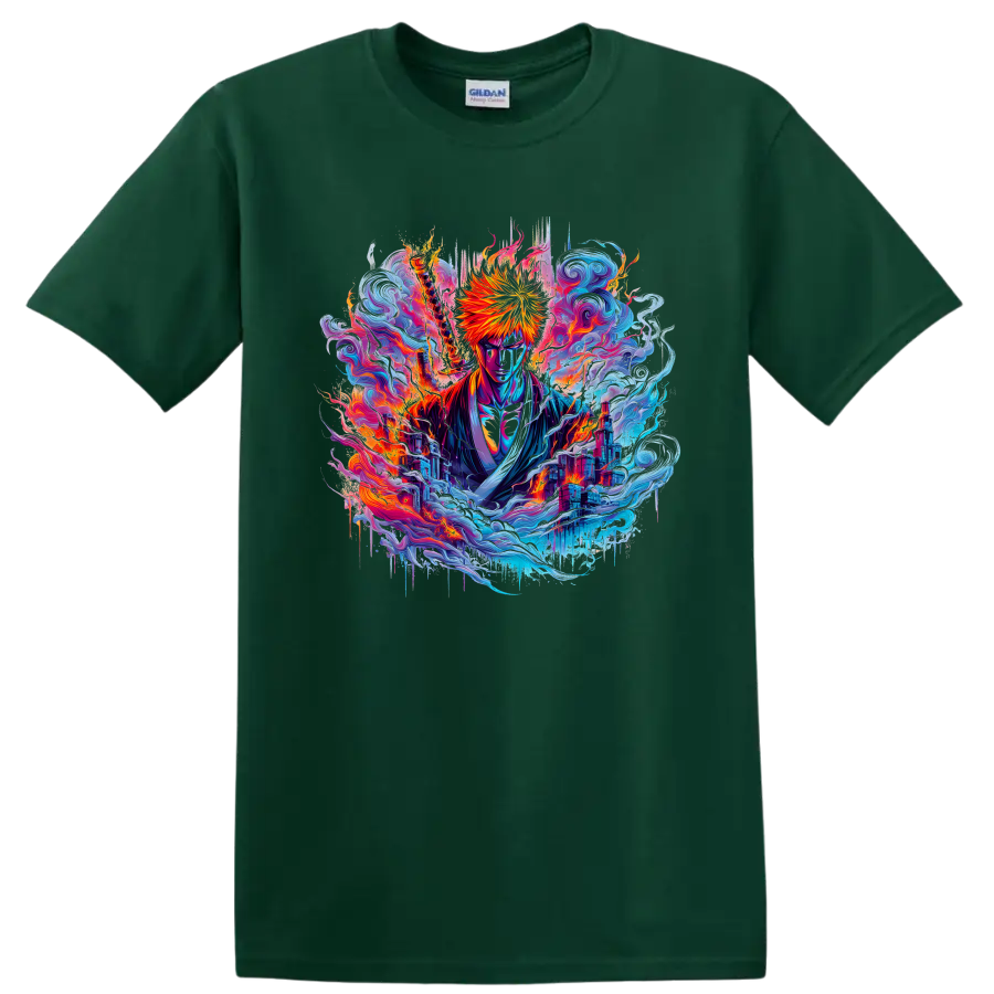 Ichigo Kurosaki with fiery sword in neon waves and city fantasy art on a Forest Green T Shirt