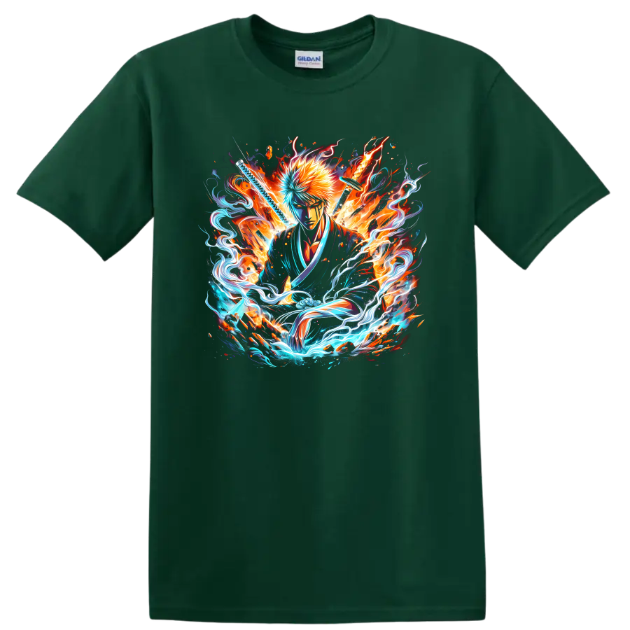 Ichigo Kurosaki Bleach-style swordsman art with fiery and electric energy on a Forest Green T Shirt