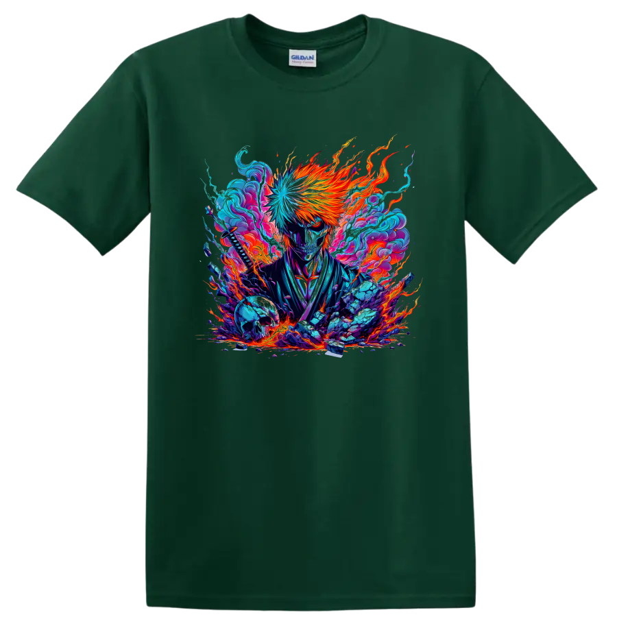 Ichigo Kurosaki Bankai-inspired masked warrior with fiery energy anime graphic on a Forest Green T Shirt