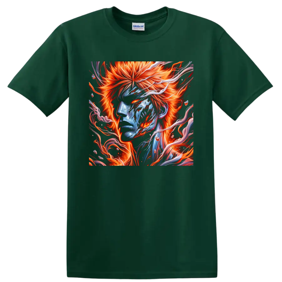 Ichigo Kurosaki fiery orange and blue anime portrait with swirling energy ribbons on a Forest Green T Shirt