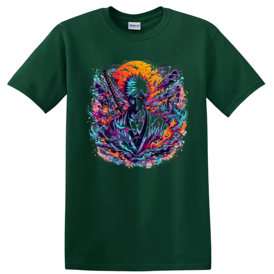 Hollow Ichigo neon katana warrior anime graphic with blazing sun and cityscape on a Forest Green T Shirt