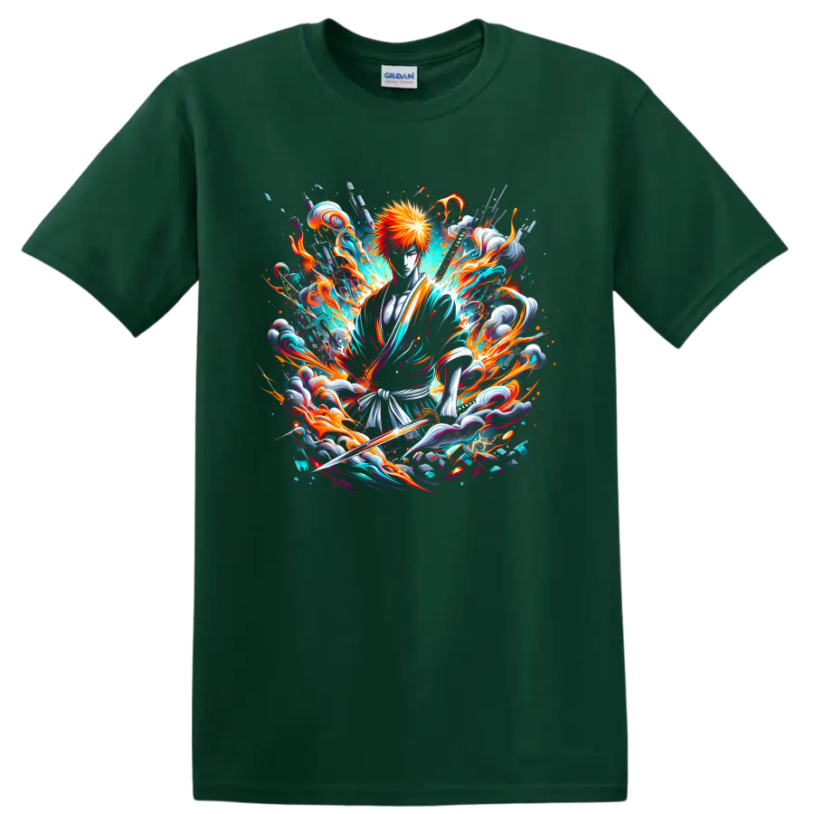 Ichigo Kurosaki Soul Reaper with sword in fiery teal anime splash art on a Forest Green T Shirt