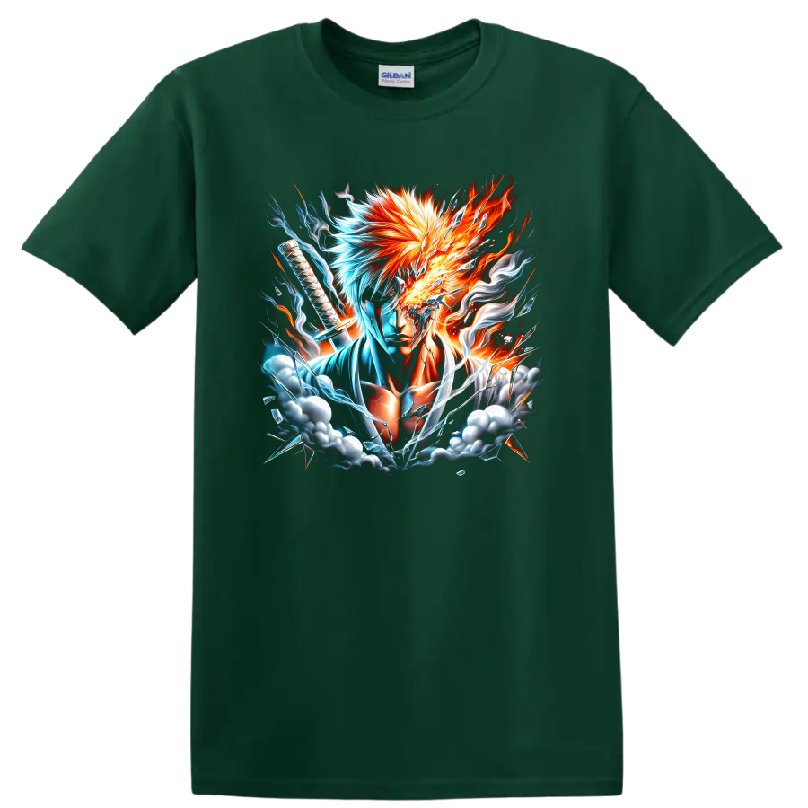 Ichigo Kurosaki sword warrior in fiery orange and icy blue energy graphic art on a Forest Green T Shirt